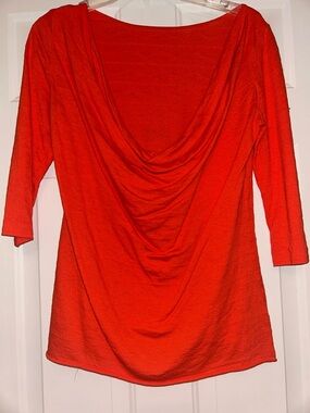 Draped Neck Textured Cotton Tunic Top L Coral Three-Quarter Sleeve Monochrome